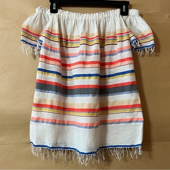 Lemlem | Off The Shoulder Stripe Top Popover Blouse Fringe Trim Size S - Picture 7 of 9